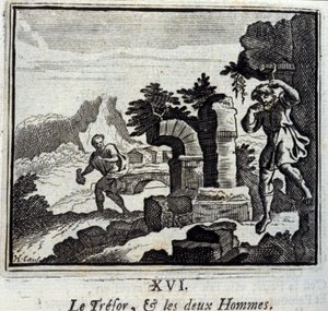 掌柜的和两个人。Jean de La Fontaine (1621-95)的寓言。插图：François Chauveau（1613-1676）。1728年的版本。 作者 弗朗索瓦·夏维