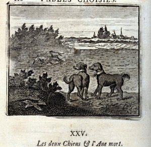 两只狗和一头死驴。Jean de La Fontaine (1621-95)的寓言。插图：François Chauveau（1613-1676）。1728年的版本。 作者 弗朗索瓦·夏维