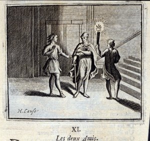 两个朋友Jean de La Fontaine (1621-95)的寓言。插图：François Chauveau（1613-1676）。1728年的版本。 作者 弗朗索瓦·夏维