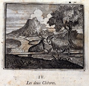 两只山羊Jean de La Fontaine (1621-95)的寓言。插图：François Chauveau（1613-1676）。1728年的版本。