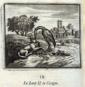 狼和鹳。Jean de La Fontaine (1621-95)的寓言。插图：弗朗索瓦-肖沃（1613-1676）。1728年的版本。 作者 弗朗索瓦·夏维