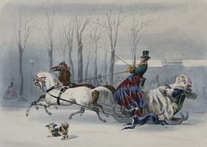 来自Journal les Modes Parisiennes的雪橇，印在巴黎（彩色雕刻） 作者 弗朗索瓦·克劳迪乌斯（Compoi Calix）之后