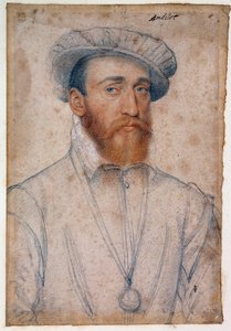 安德洛 (Andelot) 领主弗朗索瓦·德·科利尼 (Francois de Coligny) 的肖像 (1521 - 1569)。 克鲁埃·弗朗索瓦（Clouet Francois，1515-1572 年）绘制的血黑色石头 作者 François Clouet