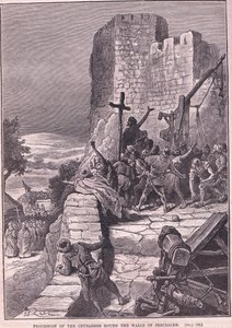 十字军的游行围绕耶路撒冷公元1097年的城墙