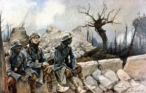 3 名法国士兵坐在丹皮埃尔教堂的废墟前。 战争 1914 - 1918 年。 弗朗索瓦·弗拉芒 (Francois Flameng) 的绘画 (1856-1923)。 巴黎，军事博物馆
