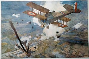 第一次世界大战“空战”，敌机坠入火海。 弗朗索瓦·弗拉芒 (Francois Flameng) (1856-1923) 的水彩画，1918 年私人收藏