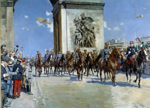 第一次世界大战：“1919 年 7 月 14 日在巴黎香榭丽舍大街上取得胜利的污点”，在军队中，马雷夏尔·费迪南德·福煦（1851-1929 年）和马雷夏尔·约瑟夫·乔弗里（1852-1931 年）。 弗朗索瓦·弗拉芒 (Francois Flameng) (1856-1919) 的画作，1919 年巴黎，军事博物馆 作者 Francois Flameng