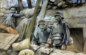 第一次世界大战："穿戴战壕装甲和防毒面具的德国士兵，1917年8月 "弗朗索瓦-弗拉芒（1856-1923）的水彩画，太阳。0,3x0,48米 巴黎，Musee de l