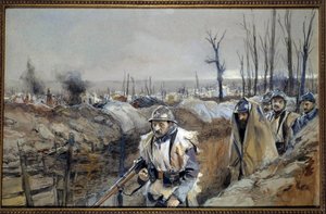 First World War: “” View of Souchez (in Artois), a trench on 18/12/1915”” Watercolour painting by Francois Flameng (1856-1923) December 1915 Sun. 0,3x0,48 m Paris, musee de l