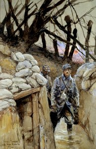 第一次世界大战。1915年6月28日，"战壕里的一名汤兵团士兵"，弗朗索瓦-弗拉芒（1856-1923）的水彩画，1915年6月，太阳。0,3x0,48米 巴黎，军事博物馆