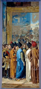 拿破仑一世（1769-1821）在波兰芬肯施泰因城堡受到接待，波斯国王大使、法国驻巴格达副领事乔治·奥特雷赠送穆罕默德·米尔扎·礼萨。 由弗朗索瓦·亨利·穆拉德 Gobelins 工作室制作的挂毯 作者 Francois Henri Mulard