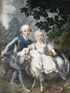 阿图瓦伯爵的孩子（未来的国王查理十世）（1757-1836）和他的妹妹玛丽-克洛蒂尔德-夏维埃（未来的撒丁岛女王）（1759-1802）--代表在1764年。19世纪根据弗朗索瓦-休伯特-德鲁瓦的画作绘制的版画。 作者 弗朗索瓦·休伯特（德鲁瓦）