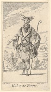 Habit de Faune: 一个动物，右手拿着一根手杖..., 约1721年。