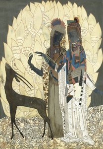 两名风格化的妇女，在树叶间穿羚羊，摄于1928年（漆和硬木d&39;oeuf木板） 作者 弗朗索瓦·路易斯（后）铁匠