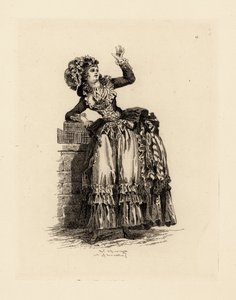 Fashionable woman in bonnet a la Nicolet, era of Marie Antoinette (etching) 作者 弗朗索瓦·路易·约瑟夫（后）瓦托
