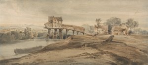 在托马森桥上的水车，在托马斯·吉尔丁（1775-1802）的绘画之后（纸上的石墨） 作者 弗朗索瓦·路易斯·托马斯·弗朗西亚