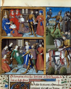 法兰西国王查理曼 (742-814) 的生活场景。 取自 Vincent de Beauvais（1184/94-1264）手稿“Speculum historiale”（Le Mirror historial）的缩影，由 Francois 大师（15 世纪）点亮。 尚蒂伊，孔德 作者 弗朗索瓦夫人