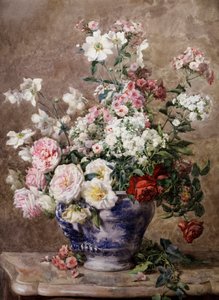 蓝白花瓶中的海葵和玫瑰静物。弗朗索瓦-里维埃尔（1842-1919 年）的画作，私人收藏。 作者 弗朗索瓦·里沃瓦（Francois Rivoire）