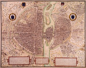 1540 年至 1555 年的巴黎市地图说到挂毯。 弗朗索瓦·罗杰·德·盖尼埃 (Francois Roger de Gaignieres) (1642-1715) 的雕刻。 巴黎，B.N. 作者 弗朗索瓦·罗杰·德·盖格涅雷斯