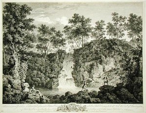 约克郡克雷文市博尔顿公园的瀑布景观，1753年出版（版画） 作者 弗朗索瓦·维瓦雷斯（Francois Vivarez）