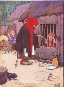 这位老妇人将Hansel关在一个马厩里，来自Hanie和Gretel，由Blackie＆Son Limited出版，c.1940