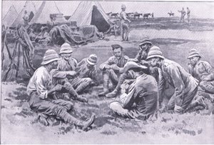 疲惫的士兵享受休息，来自比勒陀利亚之后：1940年由哈姆斯沃思兄弟公司出版的游击战争 作者 弗兰克·达德