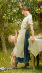 "夏娃的女儿们 一个小女孩试图抓住树枝上的苹果。水彩画，弗兰克-迪克西（1853-1928 年），1925 年 私人收藏 作者 弗兰克·迪克塞