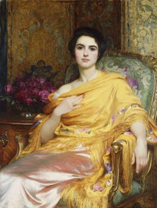 艾尔莎（Elsa）的肖像，威廉·霍尔（William Hall）的女儿，四分之三长，穿着粉红色的连衣裙和黄色的外套坐着，1927年