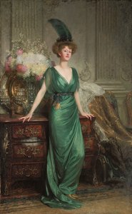 尊者的画像。厄内斯特·吉尼斯（Ernest Guinness）女士，站立，穿着一件翡翠的衣服和羽毛，1912年