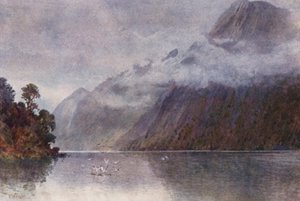 新西兰：米尔福德峡湾（彩色石版印刷） 作者 弗兰克·H·赖特