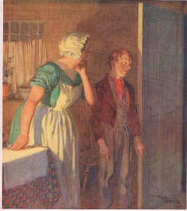 孩子匆忙跑到门口，又像来时一样迅速消失了，约 1920 年（彩色石版画）