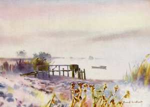 Norfolk Broads：Ormesby Broad 上的冰霜日出（彩色石版画） 作者 弗兰克·索斯盖特