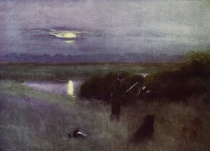 Norfolk Broads: Moonrise, at Flight (colour litho) 作者 弗兰克·索斯盖特