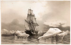 1838年8月7日在熊岛附近的Corvettte La Recherche，摘自《斯堪的纳维亚航海》，1852年。 作者 弗朗索瓦·奥古斯特·比亚尔