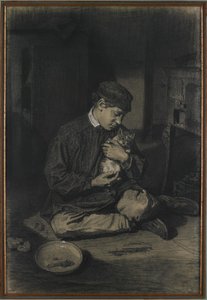 坐着的男孩抱着一只猫（直肠）;研究小猫和一盘牛奶（反对），c。 1874-80（黑色粉笔用白色粉笔在白色纸上加高） 作者 弗朗索瓦·邦文