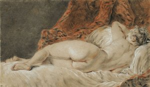 从后面看到躺着的女人，被称为睡眠，约1720年。 作者 弗朗索瓦·布歇