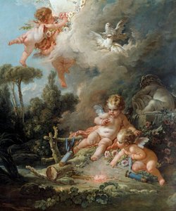 天使细节爱情目标。 弗朗索瓦·布歇 (Francois Boucher) (1703-1770) 的画作，1758 年 2,58x1,67 m 巴黎, 作者 弗朗索瓦·布歇