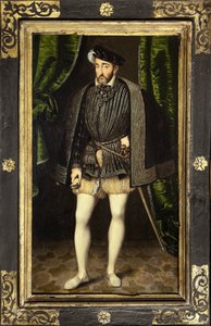 亨利二世 (1519-1559) 的肖像，弗朗索瓦一世和克劳德·德·法兰西的儿子，1547 年至 1559 年的法国国王，弗朗索瓦·克鲁埃工作室的画作，约于 1520-1572 年制作，真人大小肖像的缩小版 弗朗索瓦·克鲁埃。 摄影，金 作者 弗朗索瓦·克鲁埃