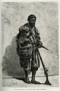 Antelope hunter. Engraving by Courboin, to illustrate the Algerian Sahara, by V.Largeau, in 1874-1878, published in the Tour du monde, under the direction of Edouard Charton (1807-1890) 作者 弗朗索瓦·库本（FrançoisCourboin）
