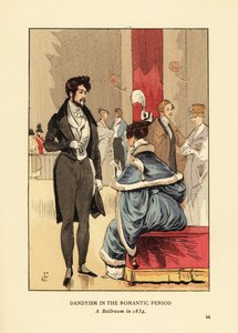 浪漫时期的丹迪主义，1834年的舞厅。穿着带尾巴的大衣、紧身裤和高帽的流浪汉。穿着毛皮饰物的女人，头发上插着羽毛。R.V.根据弗朗索瓦-库尔班的插图绘制的手绘石版画，出自奥克塔夫-乌桑的《时尚》。