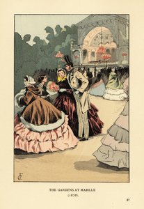 时尚的人们在户外舞蹈，Bal Mabille。妇女穿着宽大的吊带衫和毛皮斗篷，男子戴着高帽，穿着夹克和条纹长裤。1844年至1875年，蒙田大道马比尔花园的晚间舞会一直在举行。马比勒花园