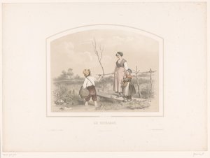 男孩向溪边的妇女和儿童展示龙虾 Le ruisseau（物体上的标题）