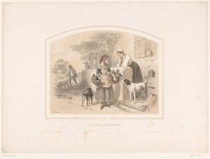 妇女提着篮子去市场买家禽
Le jour de marché（物品上的标题） 作者 Bulla frères 和 Eugène Jouy