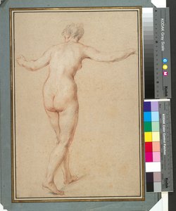 从背后看站立的女性裸体，约 1722 年（纸面上的红色、黑色和白色粉笔画） 作者 弗朗索瓦·勒莫恩