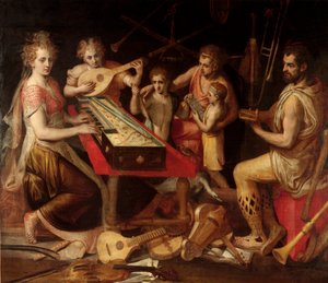 Music Characters vetus 拥有构成寓言的古老乐器环绕。 Frans Floris (1515-1570) 16 世纪 Genes 的画作，私人收藏 作者 弗朗斯·弗洛里斯（Frans Floris）