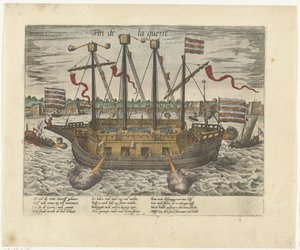 终结者号 "船，1585 年
战争结束（物品上的标题）
第 9 系列：荷兰和德国事件，1583-1587 年（系列标题） 作者 弗兰斯·霍根伯格