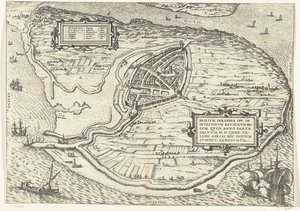 沃恩岛地图和布里尔地图，1572 年
Brilium, Holandiae opp. ob intestinum batavicum bellum, quod anno partae salutis M.D.LXXII. calend aprilis, hîc initium sumpsit, famosum（物体上的标题） 作者 弗兰斯·霍根伯格