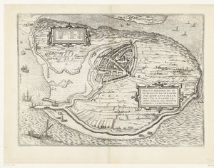 沃恩岛地图和布里尔地图，1572 年
Brilium, Holandiae opp. ob intestinum batavicum bellum, quod anno partae salutis M.D.LXXII. calend aprilis, hîc initium sumpsit, famosum（物体上的标题） 作者 弗兰斯·霍根伯格