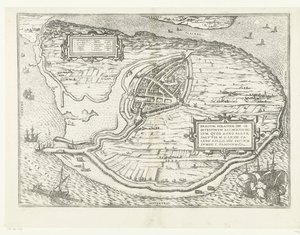 沃恩岛地图和布里尔地图，1572 年
Brilium, Holandiae opp. ob intestinum batavicum bellum, quod anno partae salutis M.D.LXXII. calend aprilis, hîc initium sumpsit, famosum（物体上的标题）