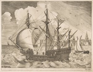 武装四船长从帆船驶向海上，ca。 1555-56。